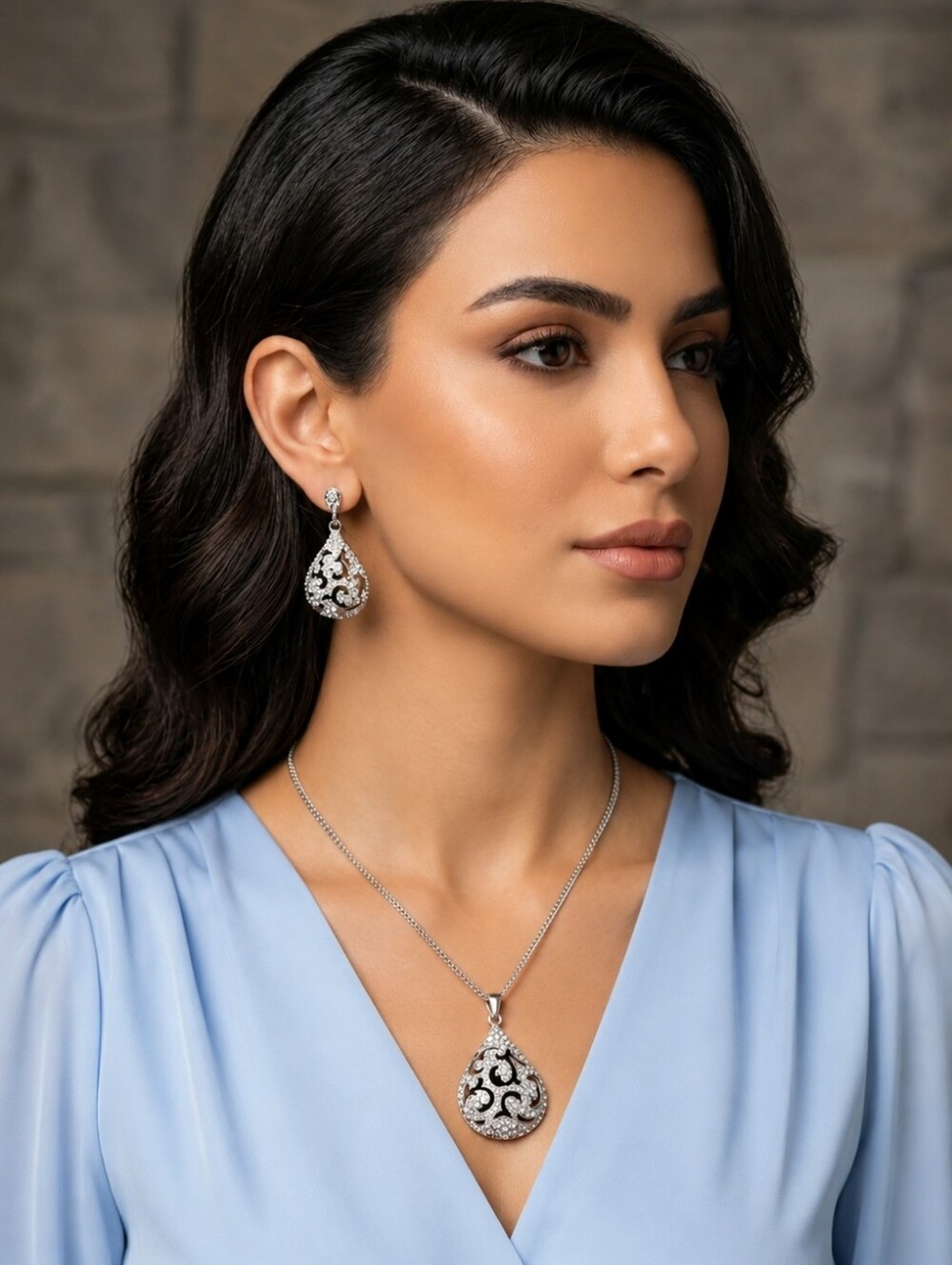 Silver-tone Teardrop Crystal Pendant Necklace and Earrings Set